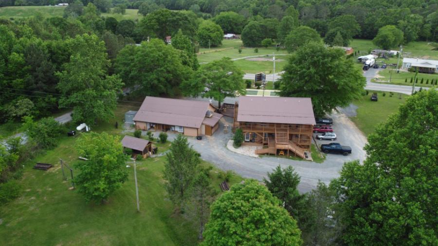 Aerial view of campground and cabins.